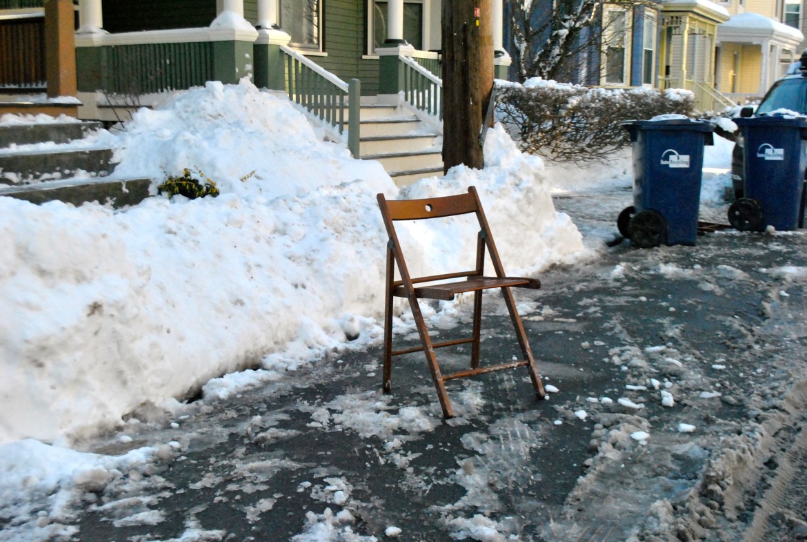 A space saver on Paul Gore Street on Friday, Feb. 7, 2014.