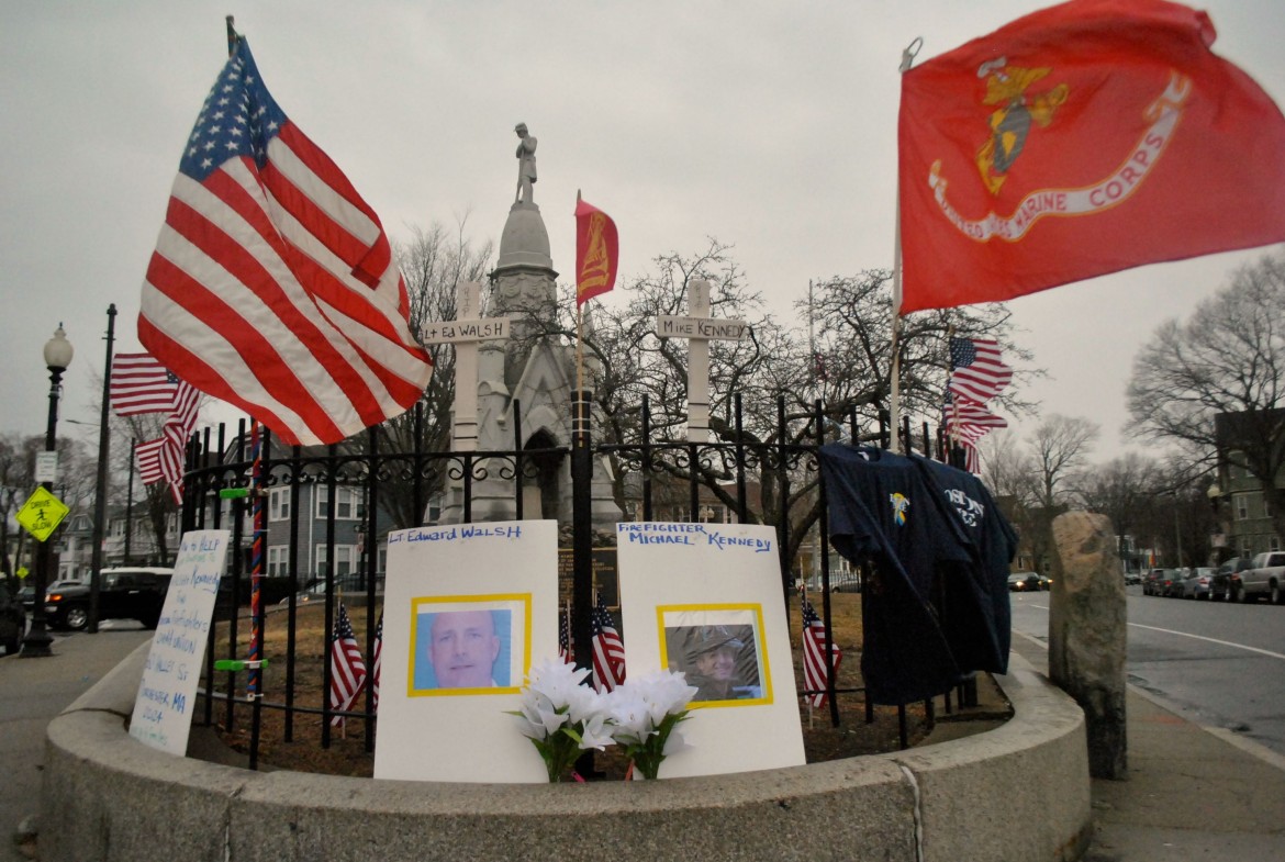 A memorial to Boston Fire Firefighters Ed Walsh and Michael Kennedy, who died fighting a Back Bay fire on Wednesday, has been put up at the Soldiers' Monument in Jamaica Plain.