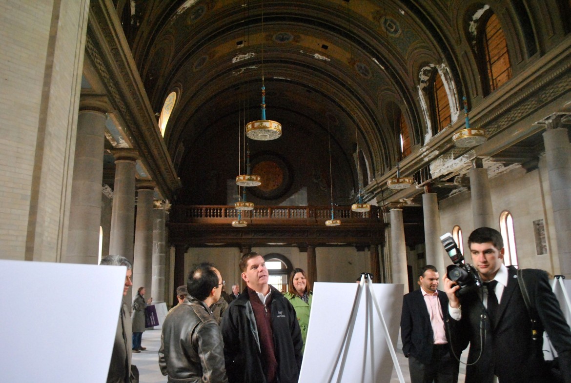 Mayor Marty Walsh, center, gazes at the interior of the former Blessed Sacrament Church on Saturday, March 29, 2014.