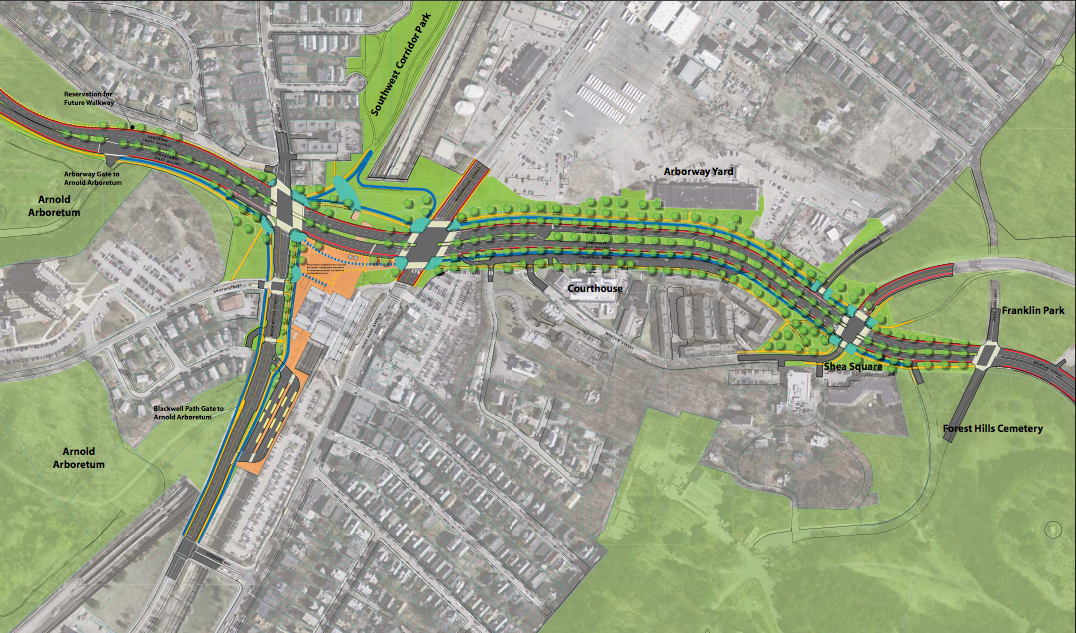 Proposed at-grade solution for Casey Overpass, including Shea Circle (right) being turned into Shea Square.