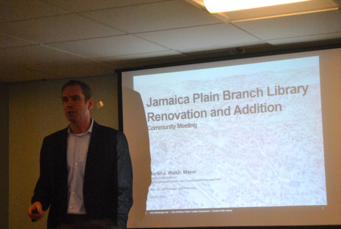 Michael LeBlanc of Utile speaks to a crowd of 60 at Curtis Hall on Wednesday, April 9, 2014.