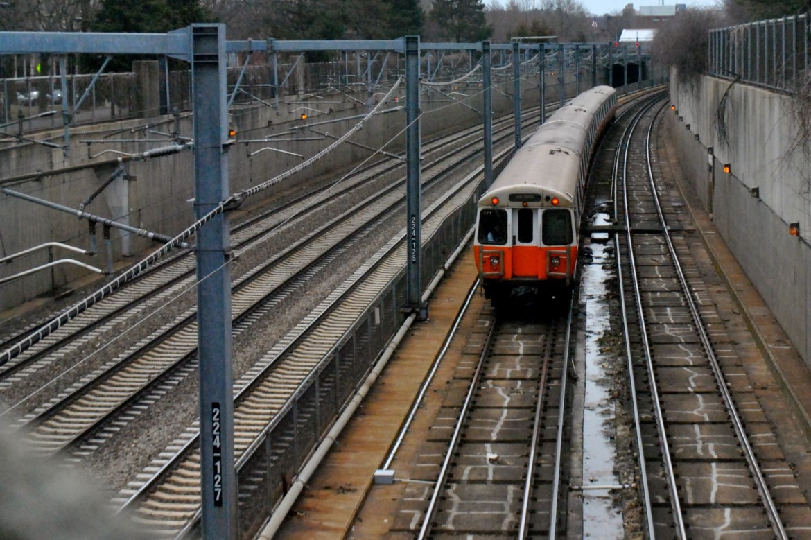 File photo: An inbound Orange Line train between Green and Stony Brook. April 2014.