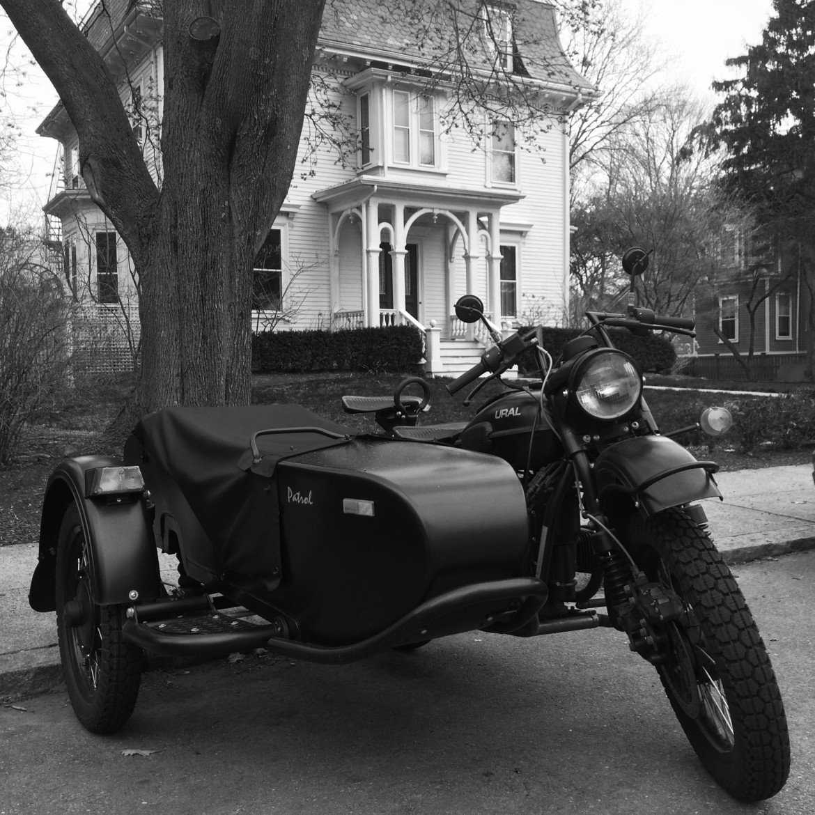 Ural sidecar motorcycle parked on Burroughs Street. April 2014.