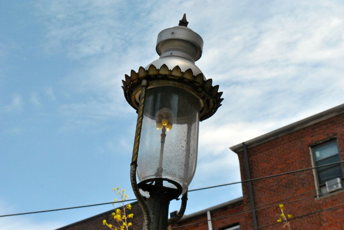 A working gas light at Meehan Court in Jamaica Plain, as of May 2014.