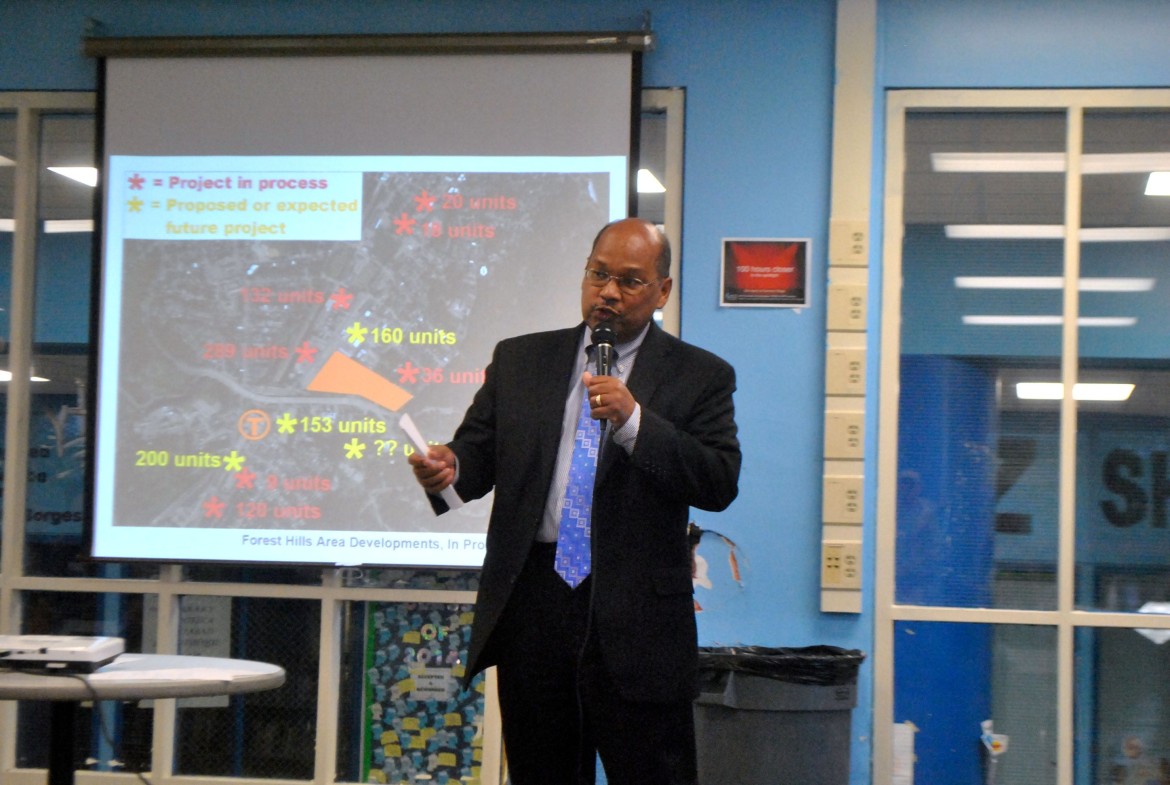 City Councilor Charles Yancey, District 4, speaks at a community meeting on the Arborway Yard at English High School on Wednesday, May 14, 2014.