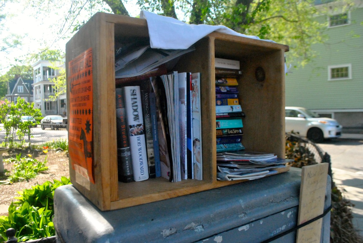 The box is a temporary replacement for the Little Library at Bardwell and South streets.