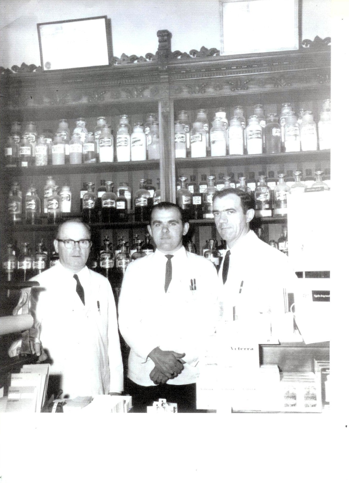 Bill Sullivan, Roy Ciapciak, and John Donovan in the C.B. Rogers Pharmacy at 701 Centre St. in Jamaica Plain circa 1965. Photo courtesy of Sally Donovan.