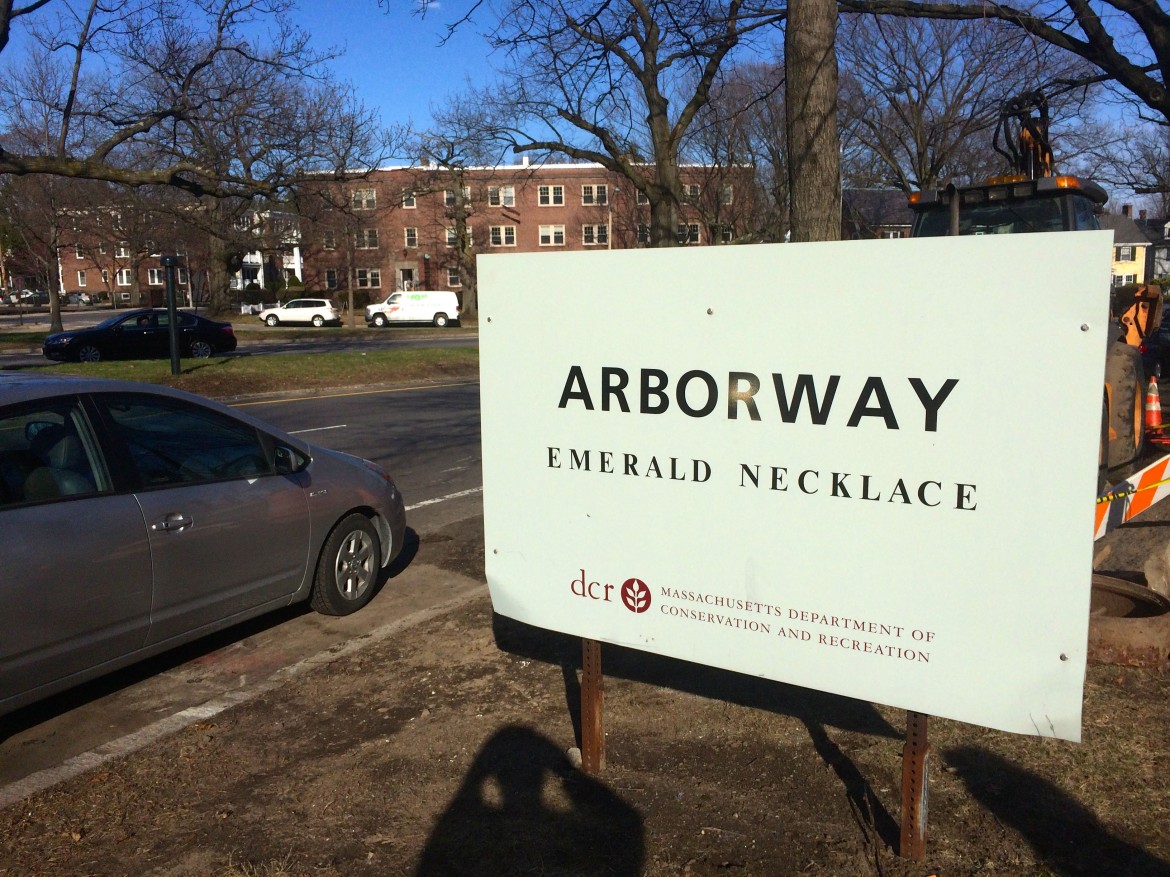 Sign for the Arborway, just around the corner from the main entrance of Arnold Arboretum