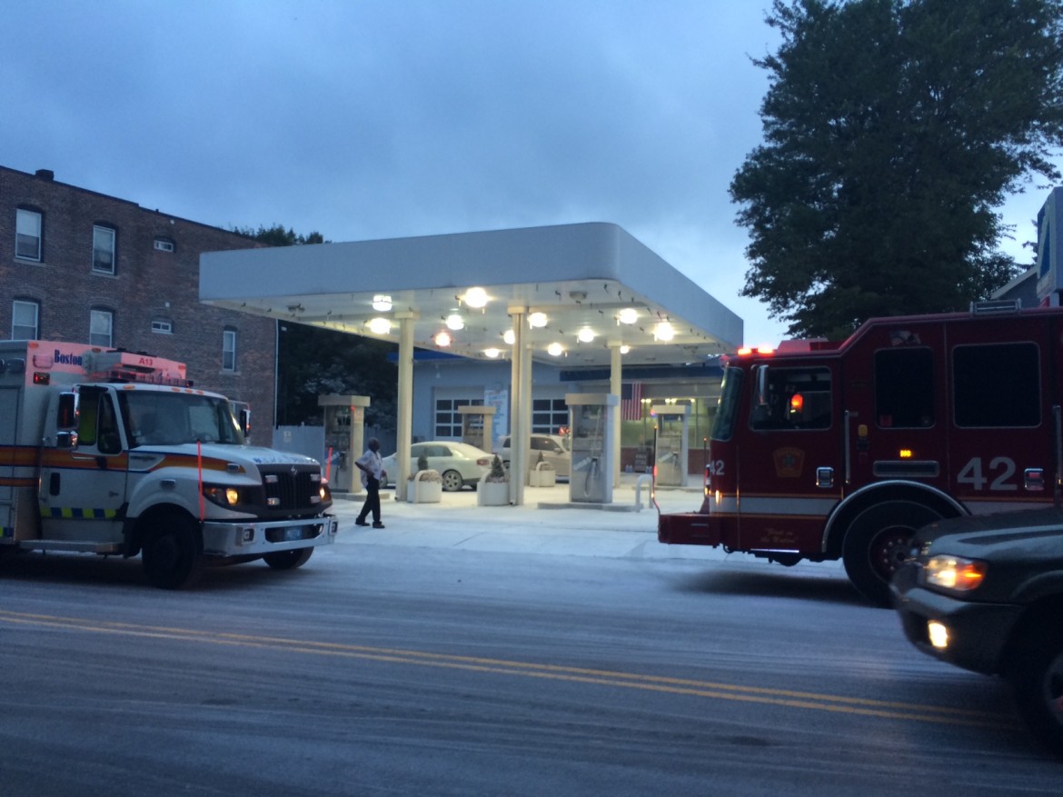 Fire suppression foam coated the scene after the system let go at this Centre Street gas station on Tuesday, July 15, 2014.