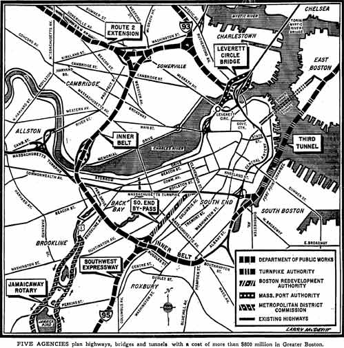 Map from Aug. 11, 1969 Boston Globe showing proposed Southwest Expressway