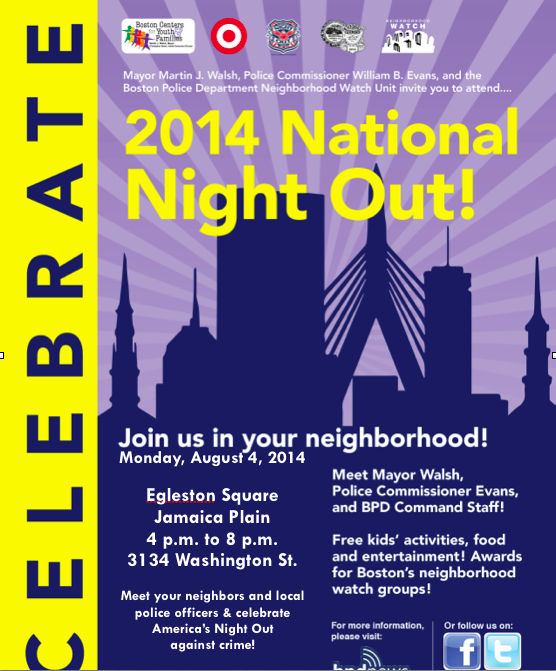 Poster for National Night Out in Egleston Square, Monday, Aug. 4, 2014