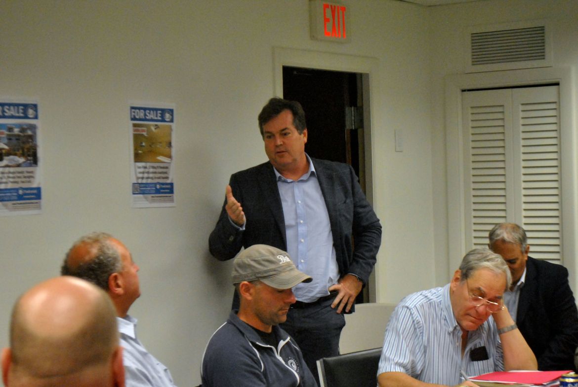 Gerry Ford, founder of Caffè Nero, makes a point during a meeting with the JP Business & Professional Assoc. on Thursday, Sept. 18, 2014.