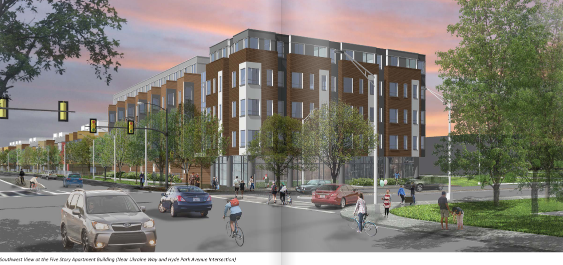 Southwest view of proposed five-story apartment building for the corner of Ukraine Way and Hyde Park Avenue.