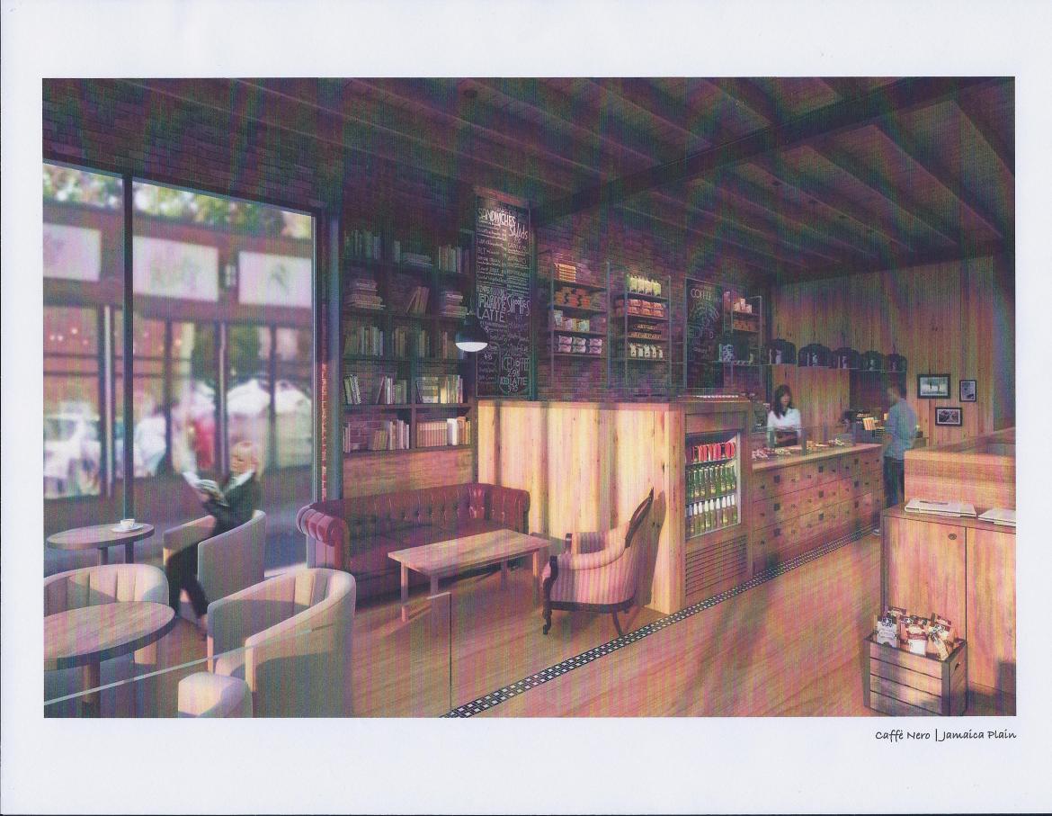Rendering of interior for Caffè Nero's 733 Centre St. location showing window onto Blanchards.