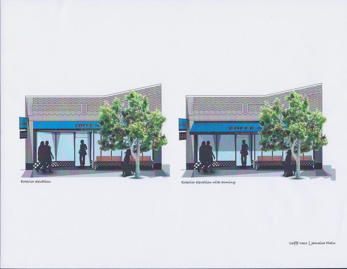 Rendering of exterior for Caffè Nero's 733 Centre St. location, with and without awning.