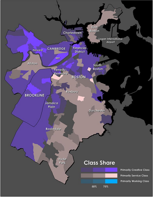 Map of "class share" of the creative, service and working classes in Boston.