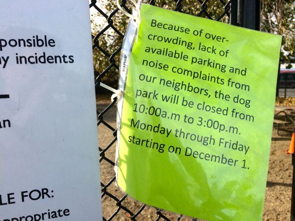 A sign about restricting hours at the MSPCA's public dog park, taken Nov. 22, 2014.