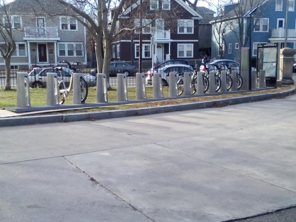 The Hubway bike sharing station at the Monument was moved to Curtis Hall on Friday, Dec. 12, 2014.