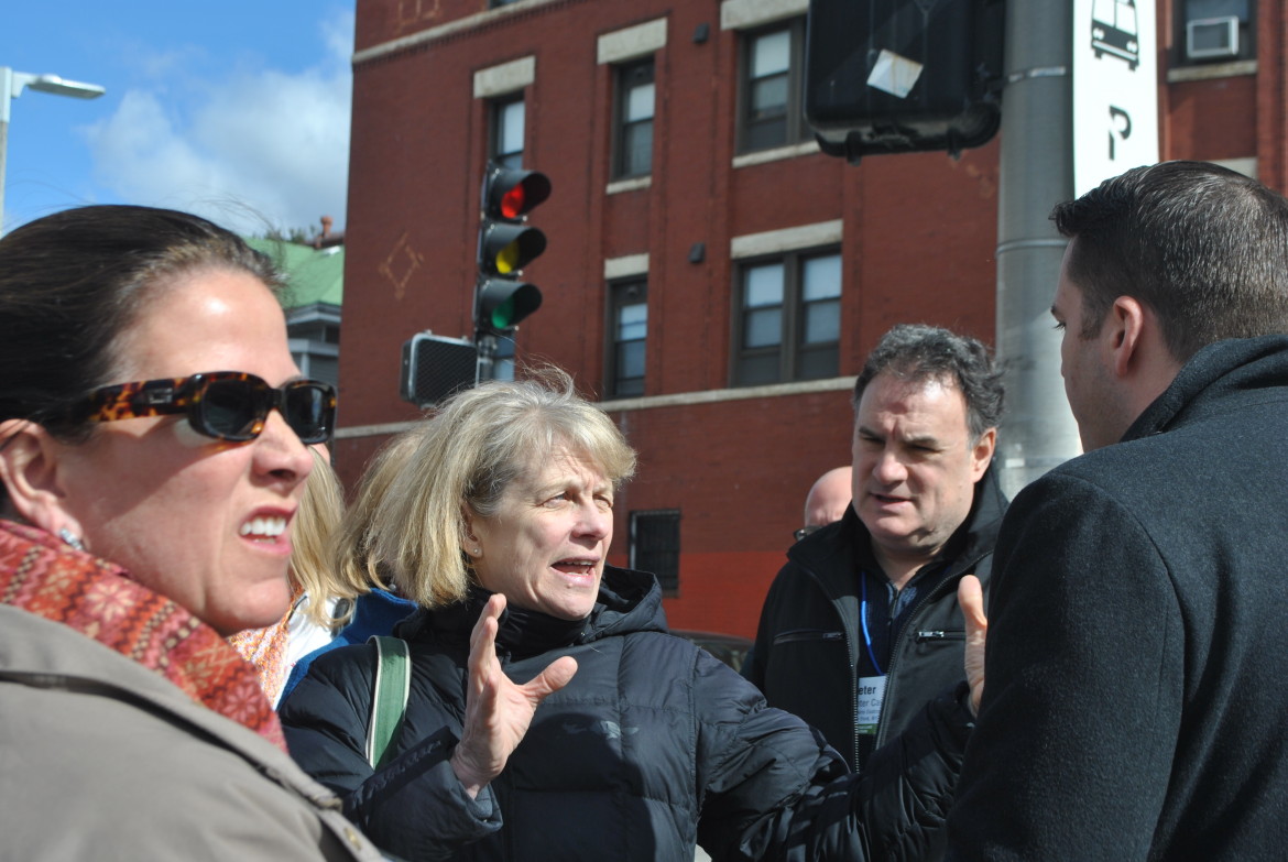 Sheila Dillon, housing chief for the city of Boston, gestures during a tour of Washington Street with Rose Center Fellows. March 2015.