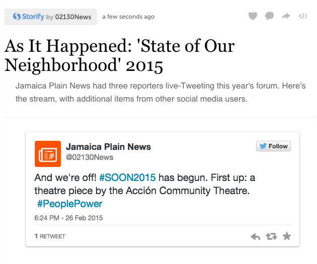Screen grab of Storify stream for the 2015 State of Our Neighborhood forum.