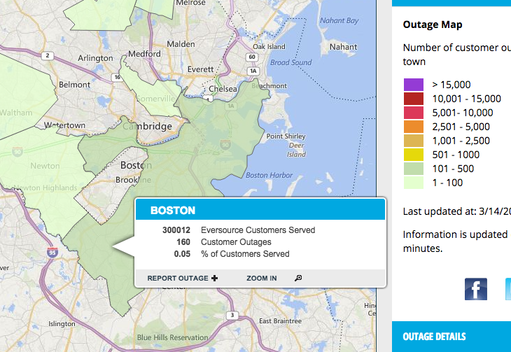 Power outage map as of 5 p.m. on Saturday, March 14, 2015.