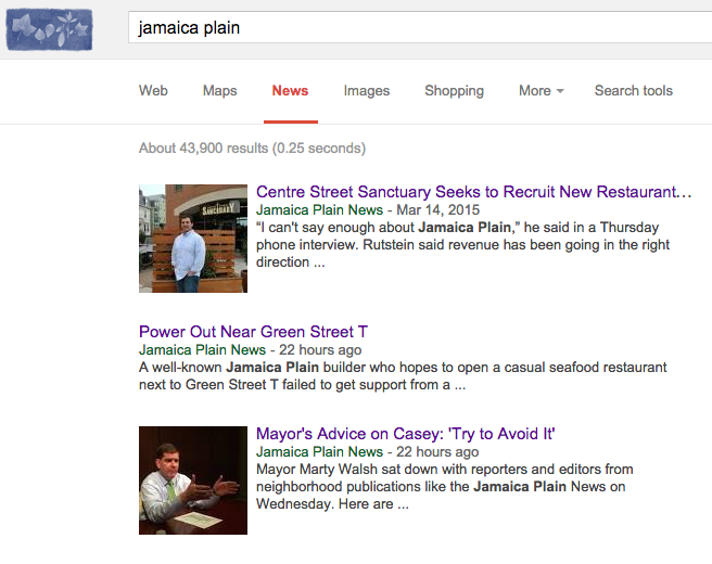 Detail from Google search for "Jamaica Plain" in Google News on Monday, March 16, 2015.
