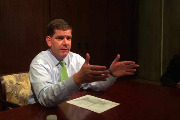 Mayor Marty Walsh makes a point during a press conference with neighborhood media on Wednesday, March 11, 2015.