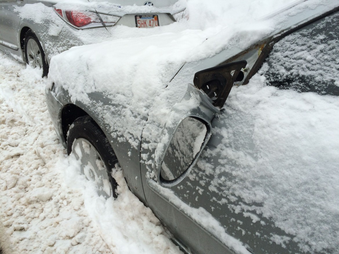 The side view mirror of this car was snapped off, likely by a plow truck, while the vehicle was parked on Havana Street in Roslindale on Feb. 8, 2015.