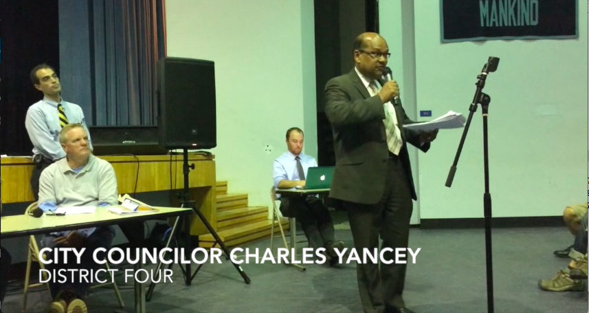 Screen shot from video of City Councilor Charles Yancey speaking at a Casey Arborway meeting on Thursday, May 7, 2015.