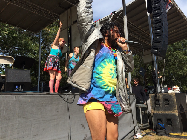 Yoshi Walsh of Streight Angular at Jamaica Plain Music Fest 2015, following his jump off stage.