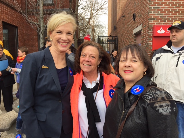 Cecile Richards, left, president of Planned Parenthood Federation of America, former JP resident Katie Betz and Pondside resident Gladys Jenkins stop for a photo at a Hillary Clinton rally outside JP Licks on Sunday, Feb. 21, 2016.
