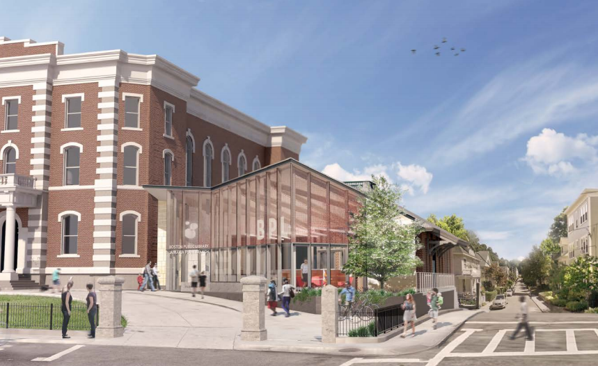 Rendering of finished facade of JP Branch Library, as seen from South Street