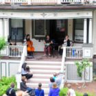 Voci Angelica Trio played its folks-inspired classical on Boylston Street at JP Porchfest, Saturday, July 9, 2016.