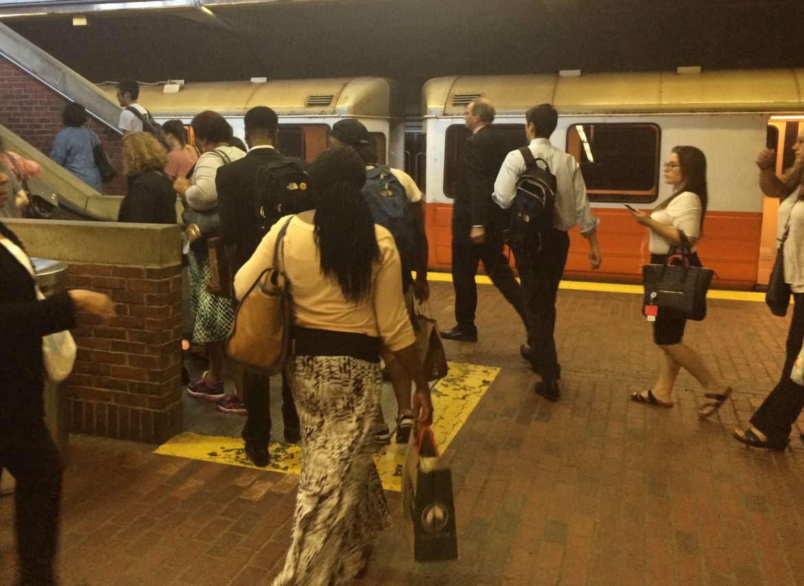 Commuters leave the T platform at Forest Hills Station on Aug. 29, 2016. Soon only one track will be used to boarding and disembarking.