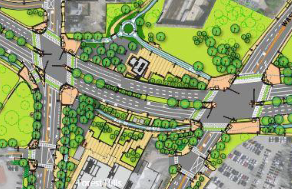 Detail of official Casey Arborway plan showing new entrance to Forest Hills T north of New Washington Street.