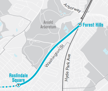 Possible route of Orange Line extension along Commuter Rail line